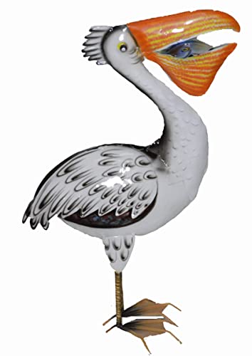 WorldBazzar Hand Crafted Metal Pelican with Fish White Color Nautical Coastal Cottage Boat Lake House Statue Art