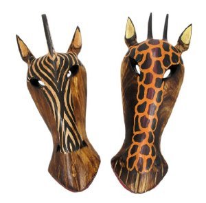 10" Pair of Giraffe and Zebra Hand Carved Tribal Head Masks