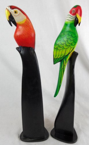 Hand Carved Pair Set of 2 Green and RED Wood Parrots Birds ON Stands