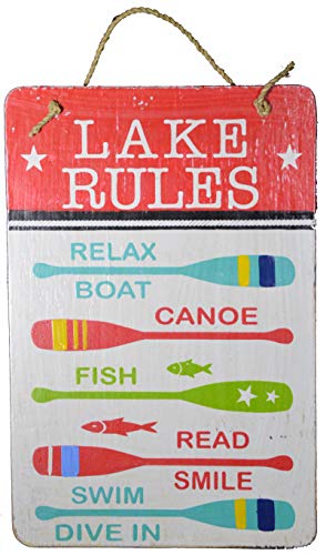 WorldBazzar Hand Carved Wooden Lake Rules Relax Boat Canoe Fish Read Smile Swim Dive Wall Art Paddles Sign