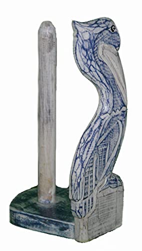 Hand Carved Pelican Paper Towel Holder Wood Carving Nautical Statue Kitchen Gadget Sculpture
