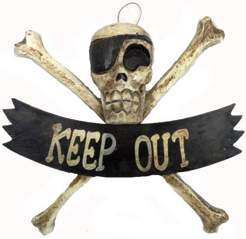 LG 12 inch Hand Carved Wood Pirate Skull Cross Bone Keep Out Sign Plaque Wall Art Decor