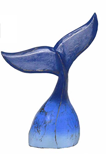 Hand Carved Wood Humpback Ombre Blue Whale Tail Table Top Carving Sculpture Ocean Sea Nautical Decor 14 Inches