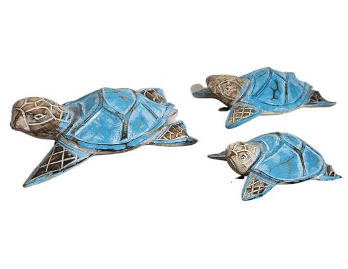 WorldBazzar Hand Carved Set of 3 Turtle Table Top or Wall Art Carving Sculpture Ocean Sea Nautical 3D Coastal Island Tropical Decor