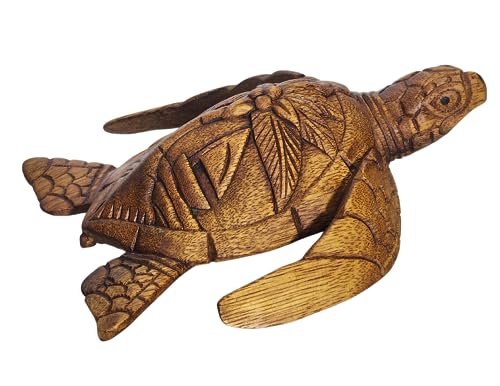 WorldBazzar Large Hand Carved Wooden SEA Turtle with Palm Tree and SAIL Boat Design Nautical Tropical Statue Art