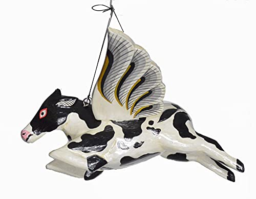 WorldBazzar 10" Authentic Traditional Style Hand Carved Wooden Flying Cow Farm Ranch Stables Folk Art Wings Mobile