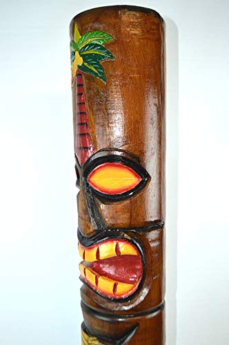 WorldBazzar Hand Carved Wood 40inch Tall Tiki Totem Pole Carved Design Palm Tree Brown, Black, Yellow, White, Red