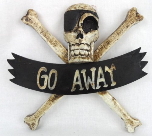LG 12 inch Hand Carved Wood Pirate Skull Cross Bone Go Away Sign Plaque Wall Art Decor
