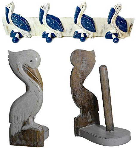 WorldBazzar Kitchen OR Bathroom Set Hand Carved Pelican Paper Towel Holder and Towel Hanger Wood Carving Nautical Statue Kitchen Gadget Sculpture