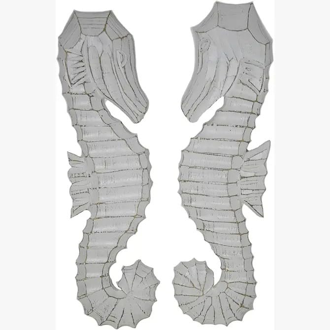 Hand Carved White Wash Wood Set of 2 Seahorses Wall Art Hanging Tropical Nautical Home Decor