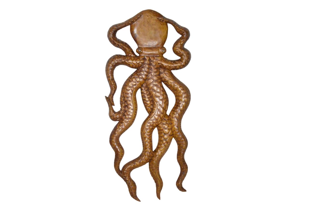 WorldBazzar 31" EXTRA LARGE HAND CARVED SCULPTURE WOOD OCTOPUS WALL ART COASTAL TROPICAL NAUTICAL DECOR