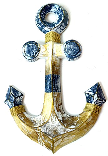 15" Blue and White Hand Carved Wood Ship Anchor Nautical Wall Decor