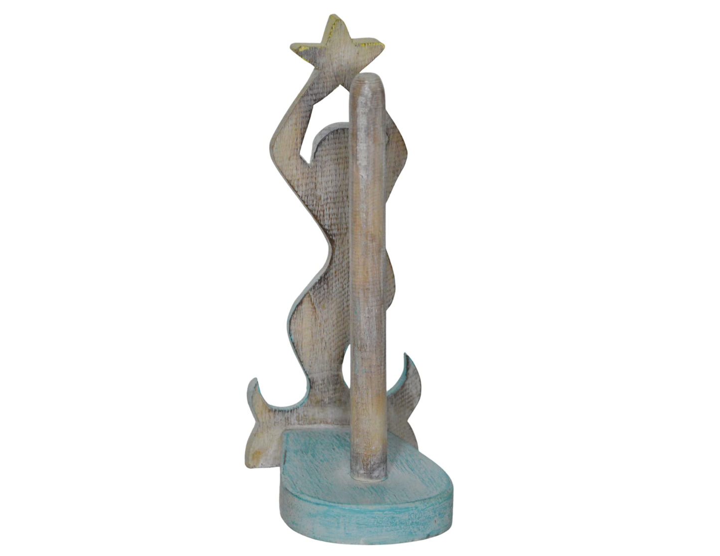 Hand Carved Mermaid Star Fish Paper Towel Holder Wood Carving Nautical Statue Kitchen Gadget Sculpture