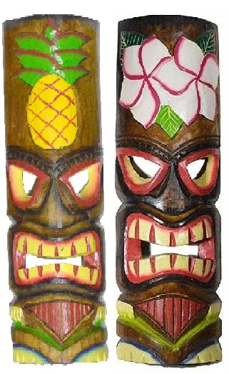 WorldBazzar 20" SET OF 2 HANDMADE TIKI MASK leaf pina colada HAWAIIAN POLYNESIAN WALL ART TRIBAL BAR TROPICAL