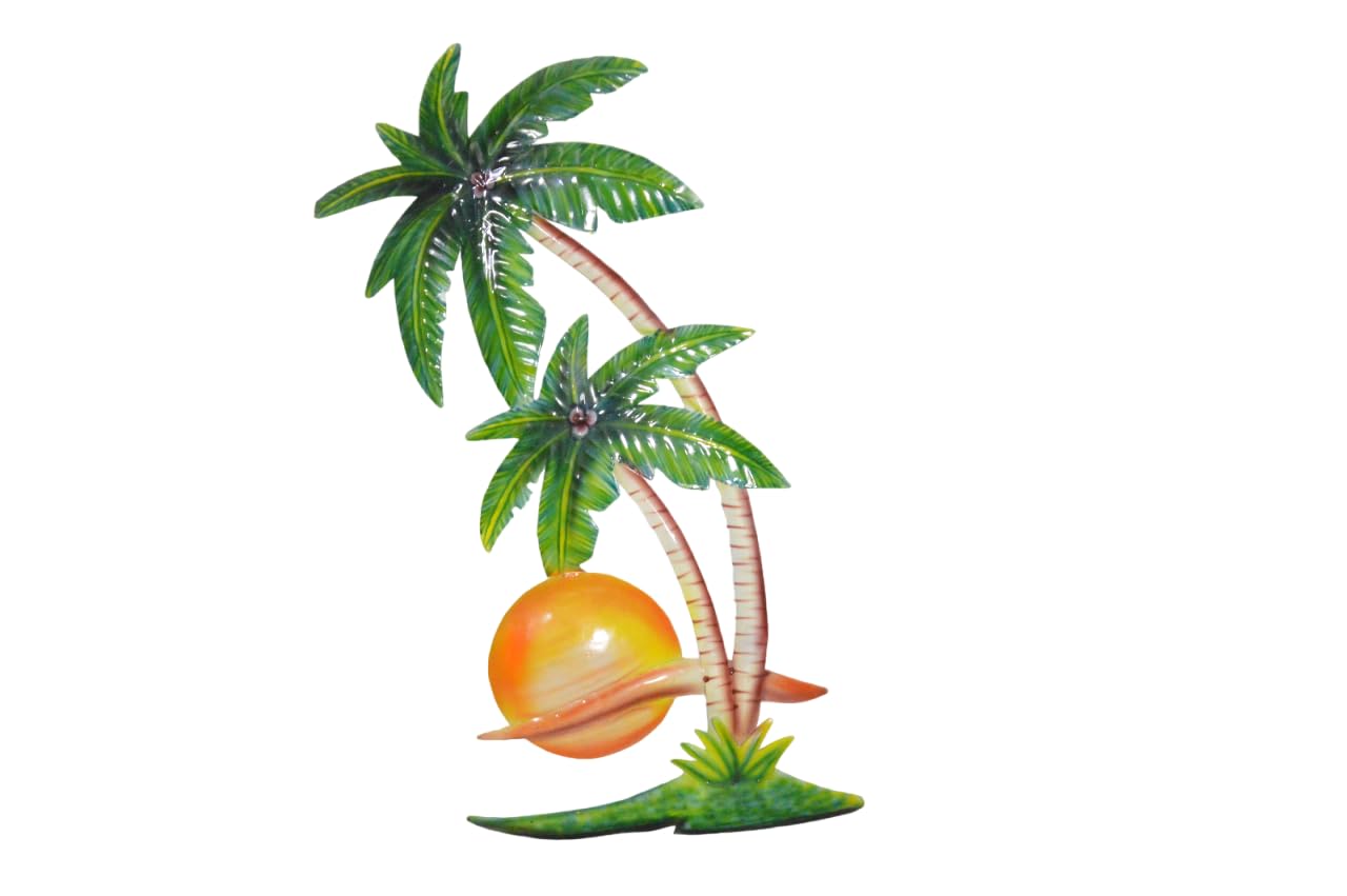 WorldBazzar NEW Beautiful 25" Metal Palm Tree with Coconuts Sunset Coastal Nautical Tropical Island Wall Art