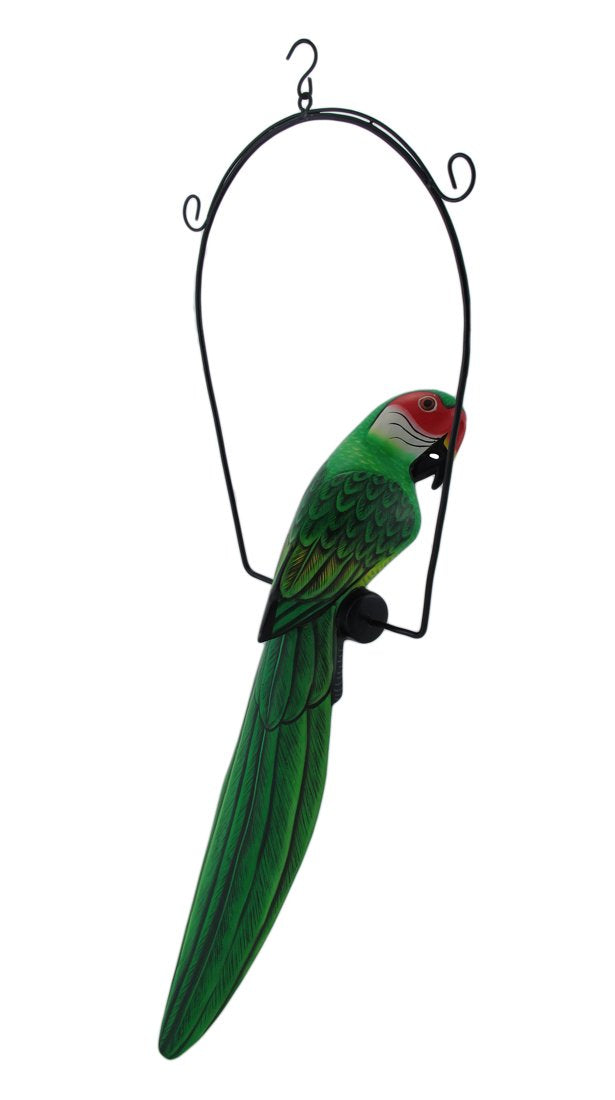 Hand Painted Wood Green Parrot Bird Hanging Statue 25 Inch