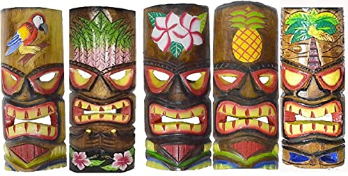 WorldBazzar NEW Set of 5 Hand Carved Polynesian Hawaiian Tiki Style Masks 12" Tall TURTLE FLOWER PARROT PALM SUN