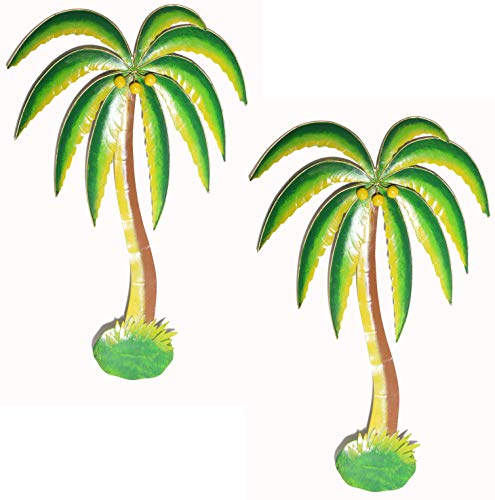 WorldBazzar New Beautiful 19.5" Metal Set of 2 Palm Tree with Coconuts Tropical Island Wall Art