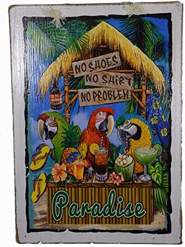 NO SHOES NO SHIRT NO PROBLEM TIKI BAR OPEN Sign Beautiful Beach Parrots Drinking Sunset Palm Tree Tropical Island Decor