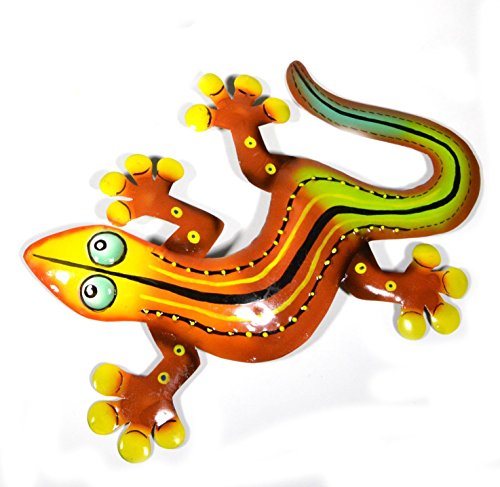 WorldBazzar Clearance 12" Beautiful Unique Orange Red Yellow Gecko Lizard Metal Garden Lanai Art Tropical Island Wall Art Scratch and DENT Sale