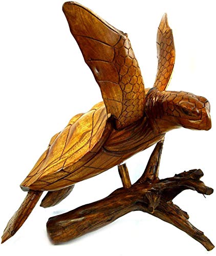 WorldBazzar Beautiful Huge Hand Carved Teak Wood Turtle Ocean Coral Statue One of Kind