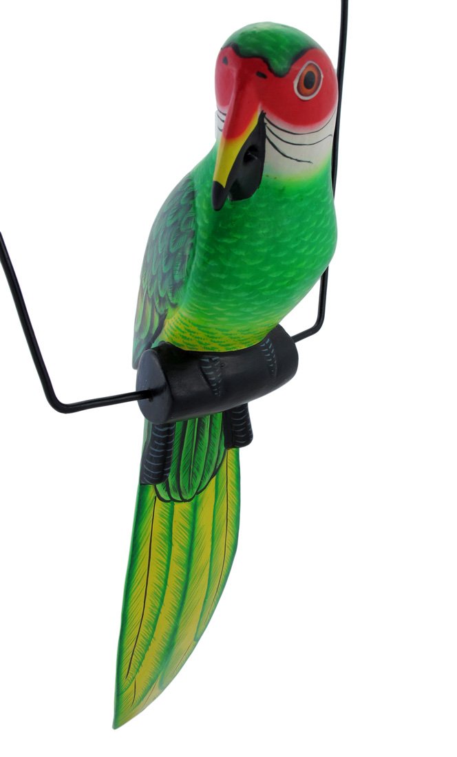 Hand Painted Wood Green Parrot Bird Hanging Statue 25 Inch