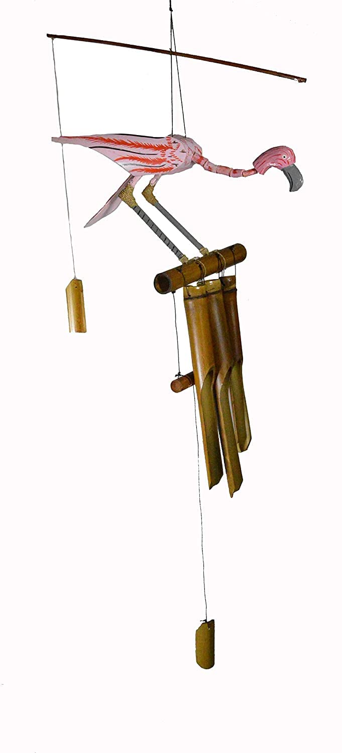 Hand Carved Large Beautiful Bamboo Wood Pink Flamingo Wind Chime Tropical Art