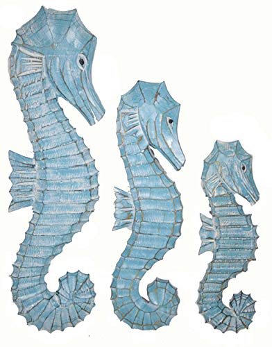 WorldBazzar Nautical Set of 3 Wood Teal Blue Aqua Seahorses Wall Art Decor 20" 16" 12"
