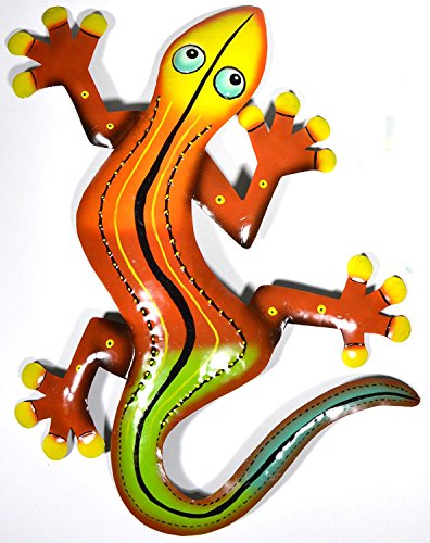 WorldBazzar Clearance Large 21" Beautiful Unique Orange Yellow Red Gecko Lizard Metal Garden Lanai Tropical Island Wall Art Scratch and DENT Sale