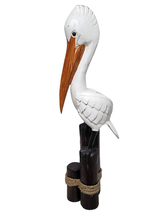 Huge 3ft Hand Carved Sculpture Statue White Pelican on Wood Piling, Tropical Nautical Decor