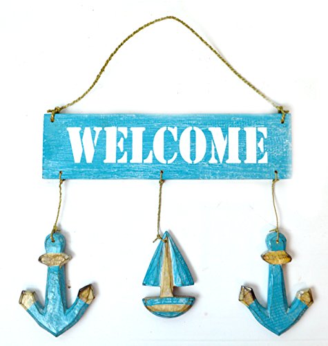 Hand Carved Wooden Welcome with Sailboat Buoy Anchor Cocktails Drinking Beach Surfboard Sign