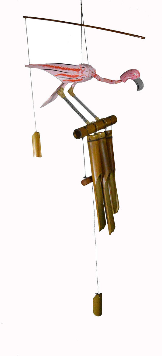 WorldBazzar New Hand Carved Bamboo Wood Pink Flamingo Windchime Tropical Art