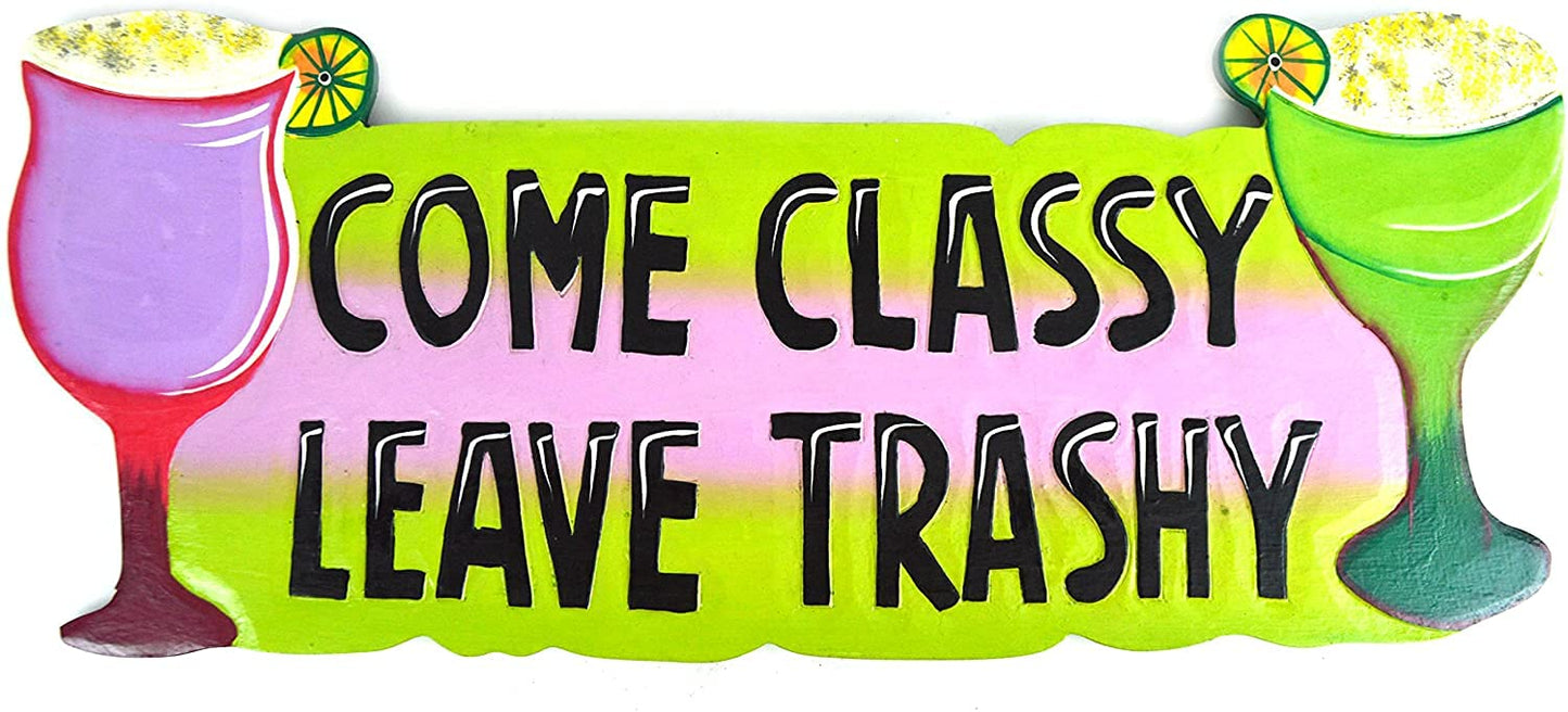 WorldBazzar Hand Carved Wooden Come Classy Leave Trashy Cocktails Parrot Drinking Beach Happy Hour Sign