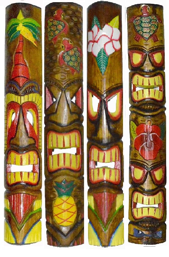 WorldBazzar Set of 4 40 inch Polynesian Hawaiian Tiki Bar Style Wall Masks Island Art, Multicolor
