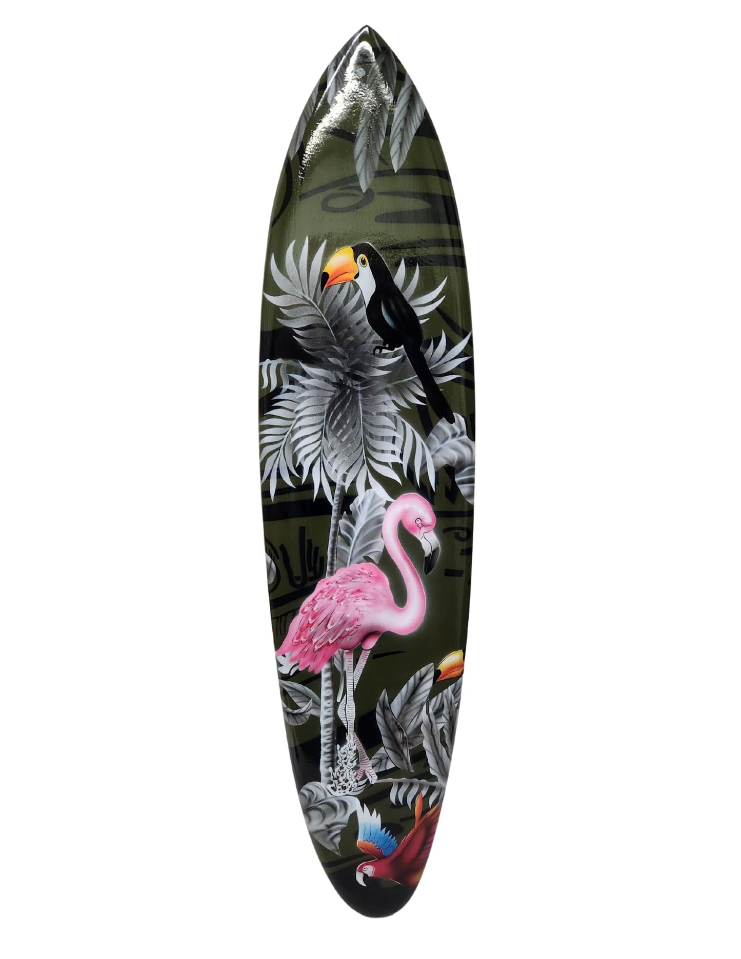 Hand Carved Wooden Large FLAMINGO PARROT TOUCAN Palm Tree Sunset Ocean Beach Art Airbrushed Surfboard Art Beer Tiki Bar