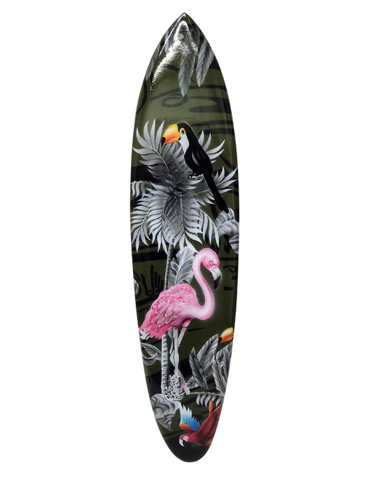 Hand Carved Wooden Large FLAMINGO PARROT TOUCAN Palm Tree Sunset Ocean Beach Art Airbrushed Surfboard Art Beer Tiki Bar
