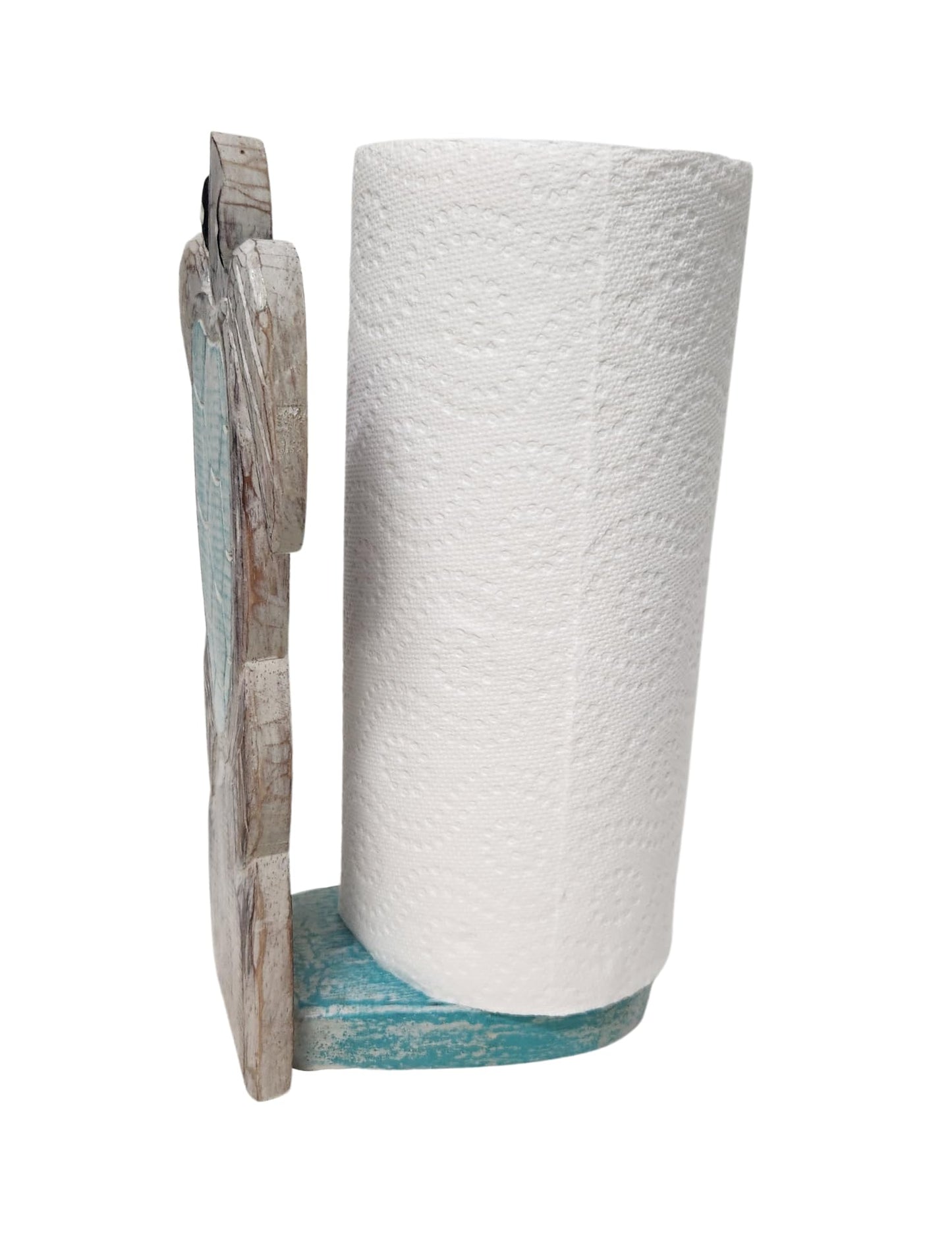 WorldBazzar New Hand Carved Turtle Teal Color Design Paper Towel Holder Wood Carving Nautical Statue Kitchen Gadget Sculpture Brown, Blue, White Wash, White, Wash, Aqua, Teal, Green, Marine