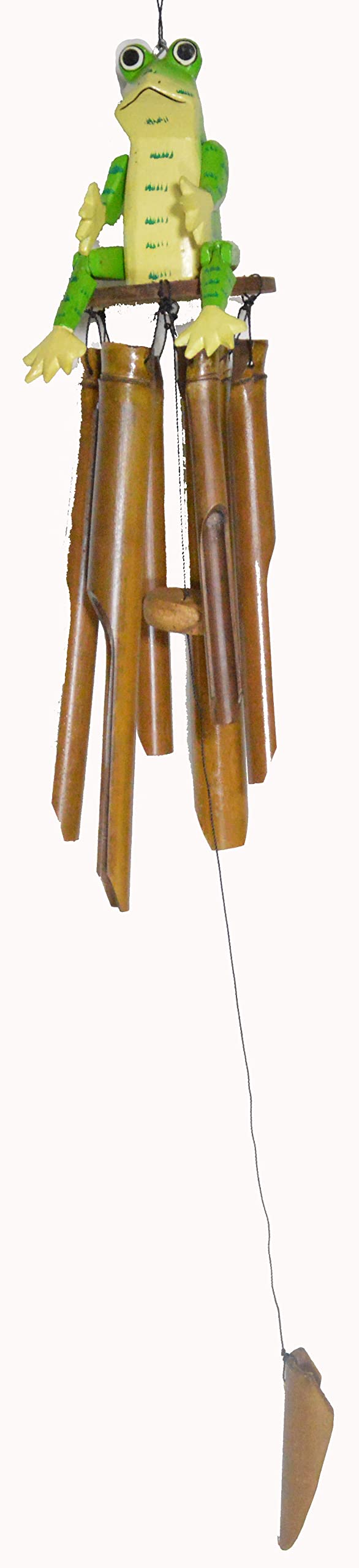 WorldBazzar Hand Carved Large Beautiful Bamboo Wood Frog Wind Chime Tropical Art, Pink, White, Brown, Red