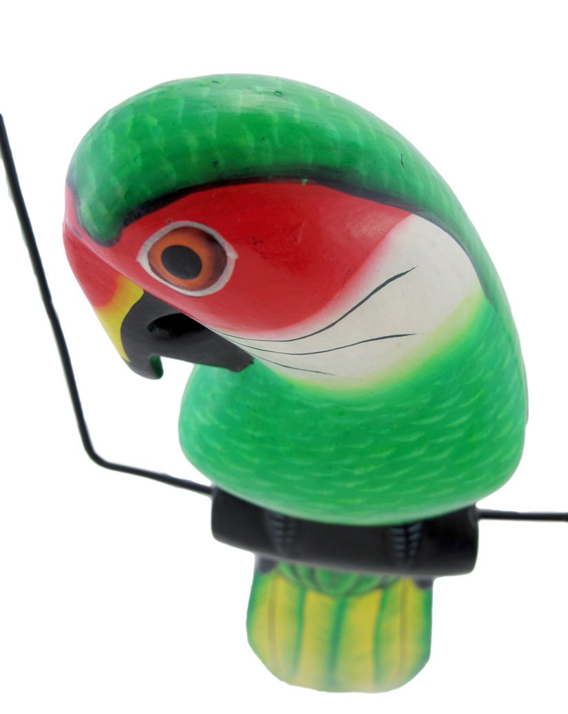Hand Painted Wood Green Parrot Bird Hanging Statue 25 Inch
