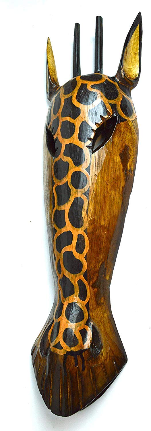 20" Pair of Giraffe and Zebra Hand Carved Tribal Head Masks