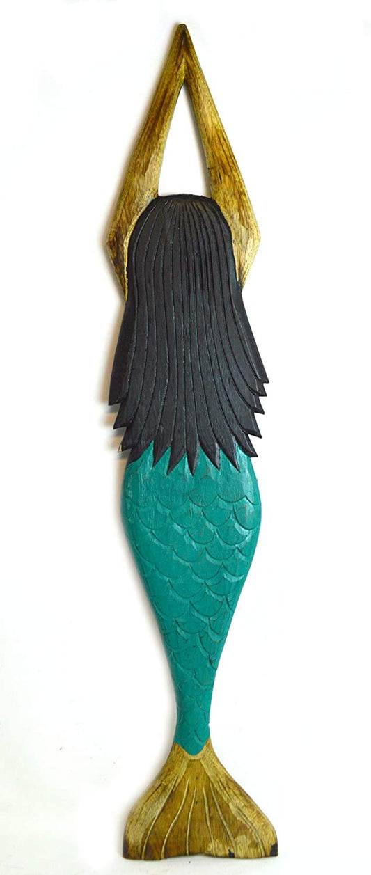 WorldBazzar HAND CARVED TEAL WASH WOOD MERMAID 40" NAUTICAL WALL ART PLAQUE NAUTICAL OCEAN DREAM