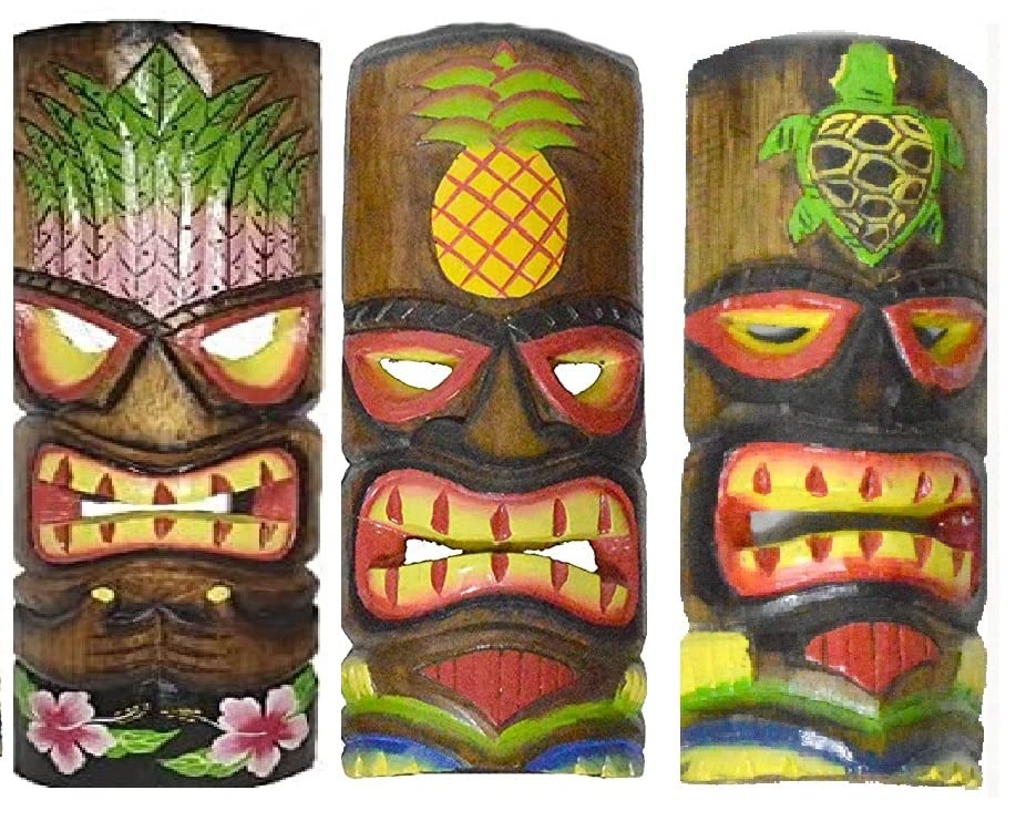 Set of 3 Polynesian Tiki Bar Style Parrot Skull Flower Wall Masks 12 in Island Art