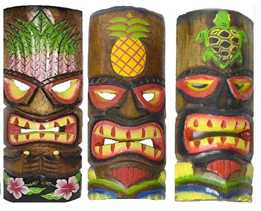 Set of 3 Polynesian Tiki Bar Style Parrot Skull Flower Wall Masks 12 in Island Art