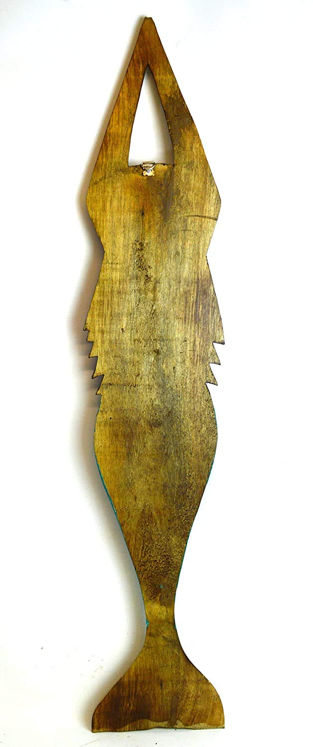 WorldBazzar HAND CARVED TEAL WASH WOOD MERMAID 40" NAUTICAL WALL ART PLAQUE NAUTICAL OCEAN DREAM
