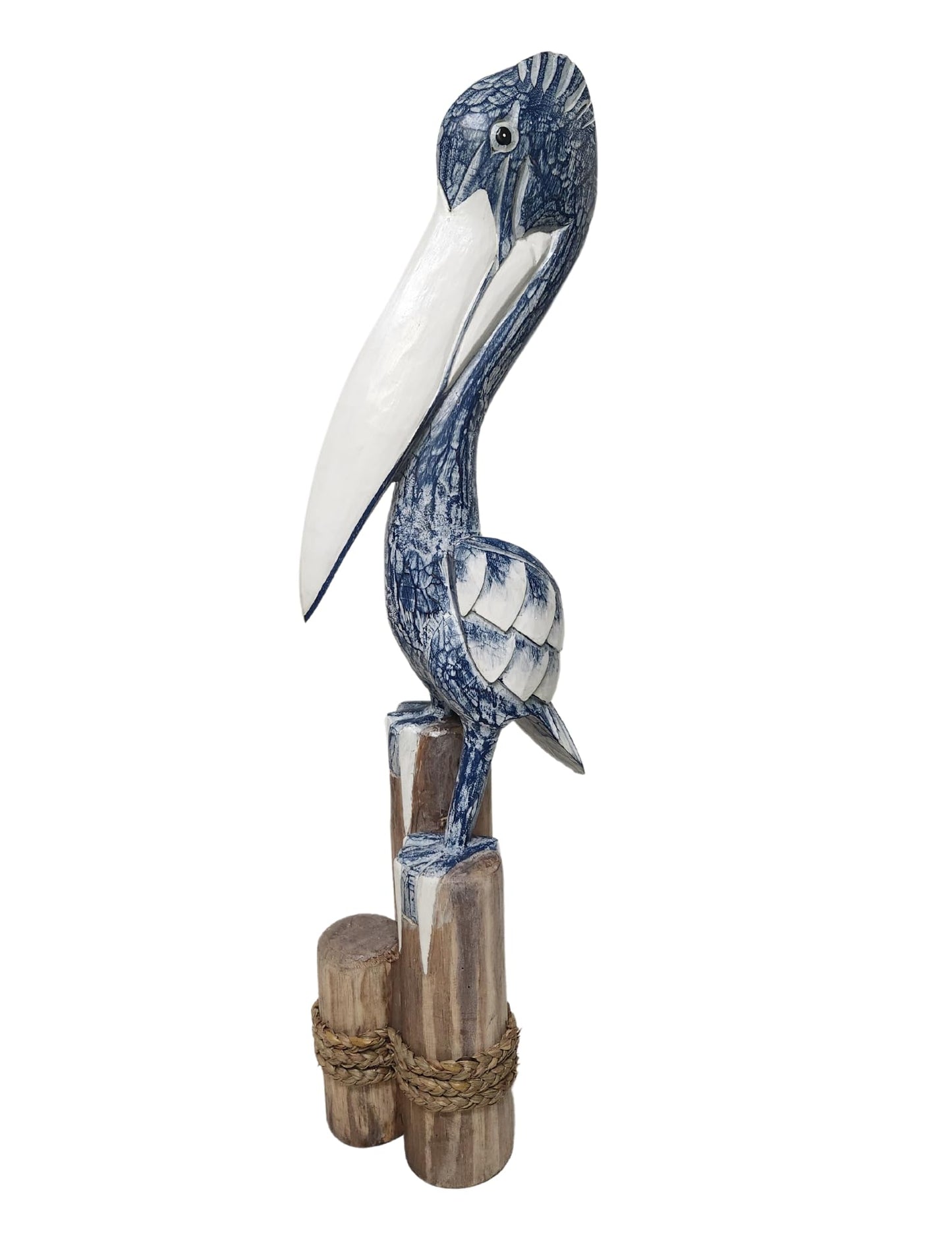 3FT Tall Three Post Blue White WASH Hand Carved Nautical Wood Pelican Statue Carving Sculpture Art 40 in