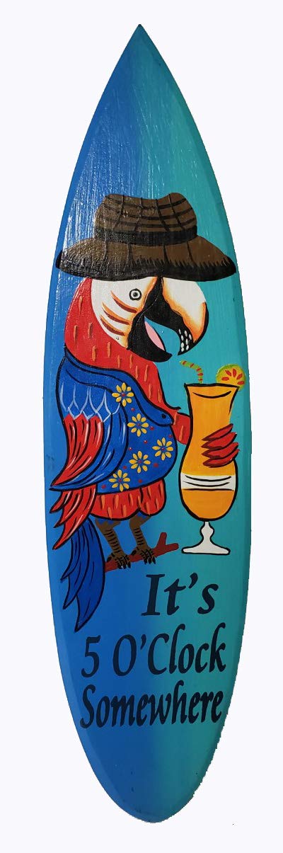 WorldBazzar Its Five 5 O'clock Somewhere Parrot Drinking Cocktail Surfboard Sign Hand Carved Out of Wood