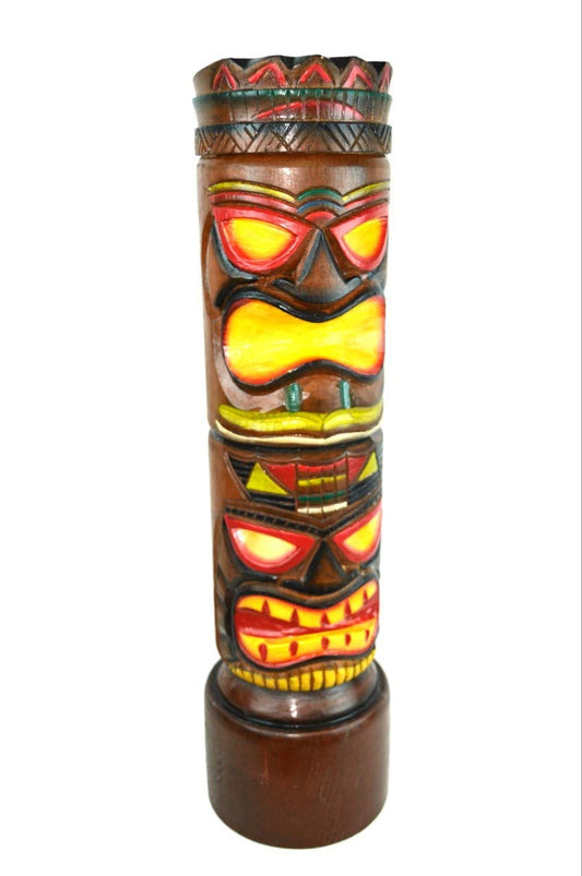 Hand Carved Two Face Tiki Totem Pole Statue 28" Tall