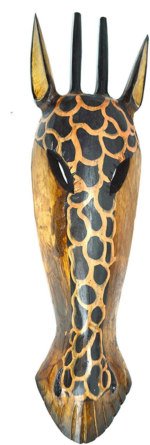 20" Pair of Giraffe and Zebra Hand Carved Tribal Head Masks