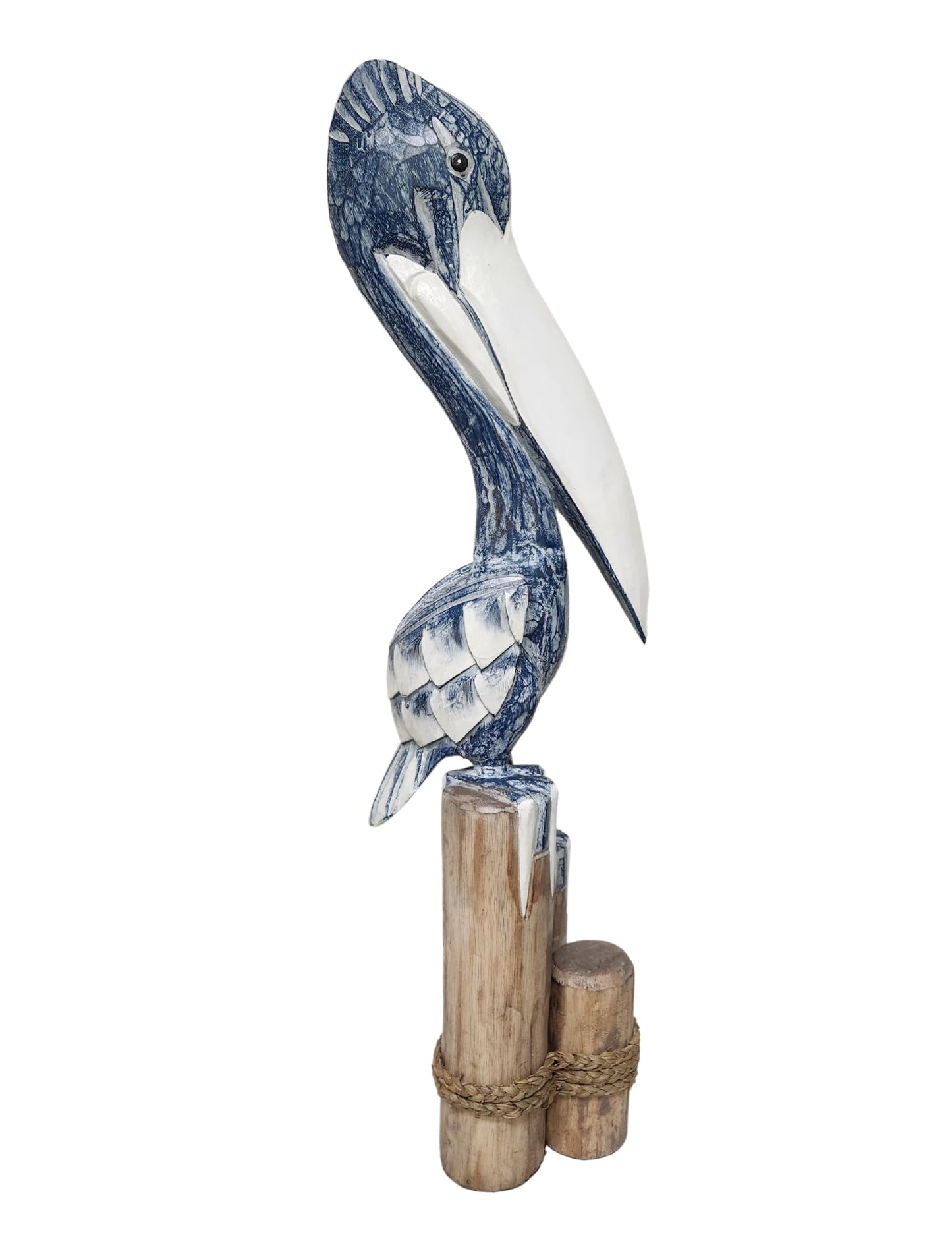 3FT Tall Three Post Blue White WASH Hand Carved Nautical Wood Pelican Statue Carving Sculpture Art 40 in