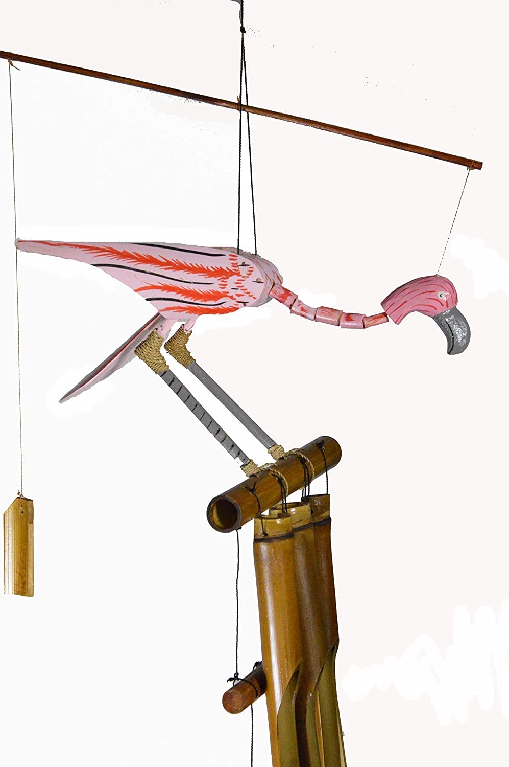 Hand Carved Large Beautiful Bamboo Wood Pink Flamingo Wind Chime Tropical Art